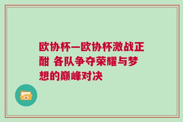 歐協(xié)杯—歐協(xié)杯激戰(zhàn)正酣 各隊爭奪榮耀與夢想的巔峰對決